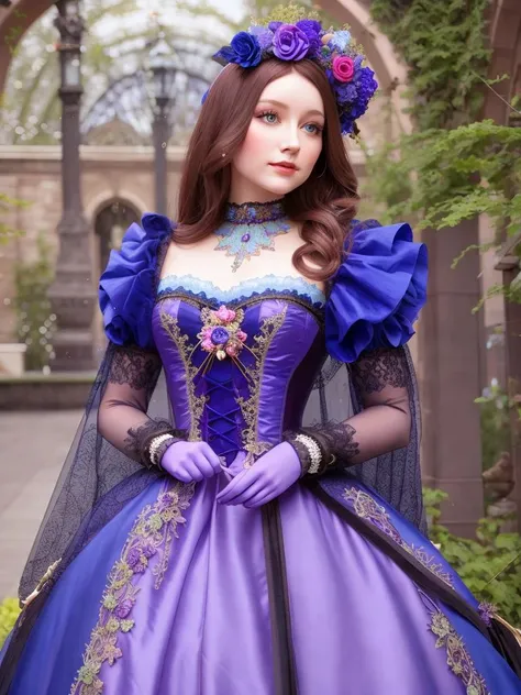 a doll dressed in a blue and purple dress, magic fantasy highly detailed, baroque color palette, detailed face with mask, ultra - realistic and intricate, the red queen, colorful light leather armor, prima ballerina in rose garden, highly detailed clothing, lady, realistic. detailed feathers