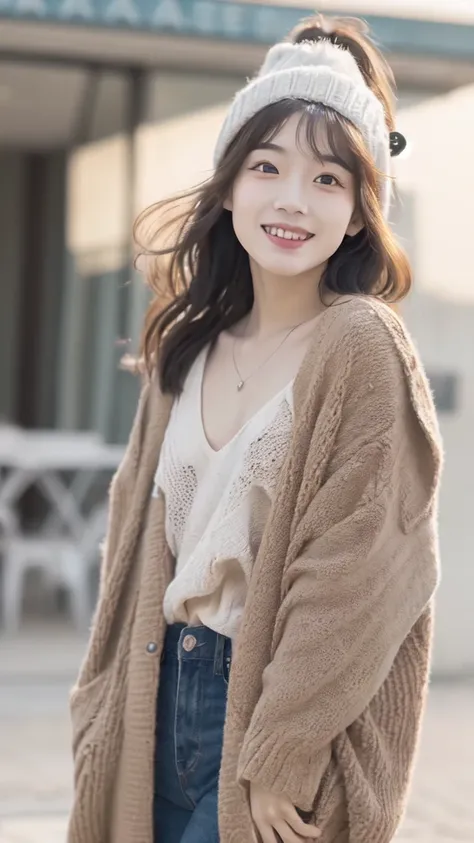 one girl with full body, standing on the shore with a random hat, 64K, masterpiece, highest quality, ultra high res, realistic, (photorealistic:1.8), (extremely_detailed_eyes_and_face), idol, big eyes, perfect body, closed mouth, cinema light, blush, long hair, vivid color palette a 18 years old beautiful model, fabulous makeup, happily laughing,(small pelvis), smaller head, thin waist, extremely detailed background, highly detailed skin, bright light, perfectly detailed face, detailed eyes, long eyelashes, double eyelid, <lora:cuteGirlMix4_v10:0.9>