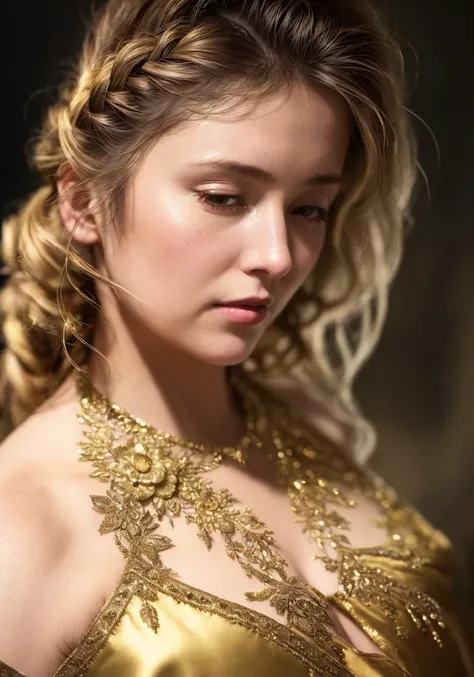 (rembrandt), best quality, (Long shot:1.4), (expresionless:1.5), cinematic lighting, painting, (((concept art))), (oil painting with heavy impasto:1.4), (heavy brushstrokes:1.5), (textured paint:1.3), fine art, a 20y old girl, (mature woman:1.61), (mature face:1.55), (braided golden diadem:1.31), ((golden armband)), (glowing yellow eyes:1.31), braided hair, (ragged gown:1.42), torn clothes, (((bare shoulders))), blurry, upper body, nose, closed mouth, depth of field, long hair, blurry background, dark background, (dark atmosphere:1.31), highres, superb, 8k wallpaper, extremely detailed, intricate, unreal engine 5, volumetric lighting, realistic, realistic lighting, cinematic, 4k, cinematic lighting, 8k, depth of field, 3d, masterpiece, perfect, award-winning, hyper-detailed, photorealistic, ultra realistic, realistic light, hard lighting, intricate details, stop motion, hyperfocus, tonemapping, sharp focus, hyper detailed, detailed eyes, eyes focus, (illustration:1.1), highres, (extremely detailed CG unity 8k wallpaper:1.1), (solo:1.2),