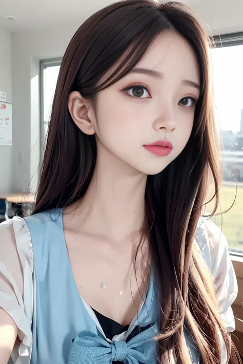 best quality, masterpiece, illustration, an extremely delicate and beautiful, extremely detailed ,CG ,unity ,8k wallpaper, Amazing, finely detail, masterpiece,best quality,official art, extremely detailed CG unity 8k wallpaper, absurdres, incredibly absurdres, huge filesize, ultra-detailed, highres, extremely detailed, beautiful detailed girl, (extremely detailed eyes and face),((looking at viewer)),(real person,photograph),cute,1girl,16 yo,blue contact lens, Big eyes,perfect eyes,((watery eyes)),(haunting smile,moist lips),middle breasts,narrow waist,(slim),standing model standing model pose,Particularly strong light,(photo lighting),blush, shy,(sunset),(sunshine on body),(school uniform),(classroom),ulzzang-6500-v1.1:0.2, <lora:sweetgirl2-000010:0.7> <lora:koreanDollLikeness_v15:0.3>