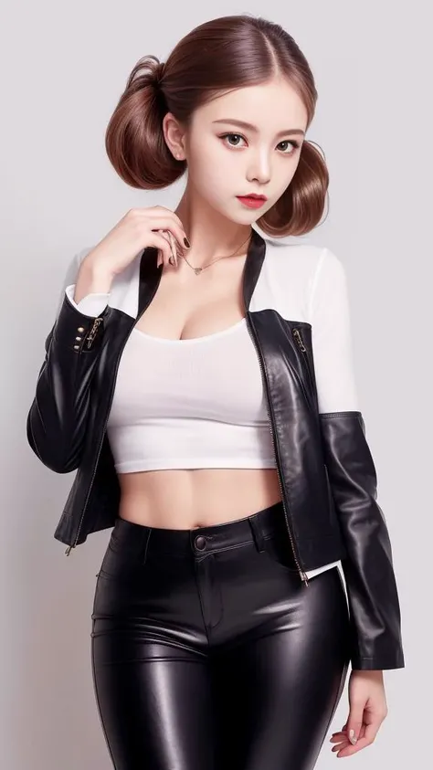 Highly detailed RAW color Photo, of (solo Polish girl, matching leather pants, 50s hairdo), toned physique, (elegant, beautiful face), Plain white background,<lora:koreanDollLikeness_v10:0.3>,<lora:taiwanDollLikeness_v10:0.1>