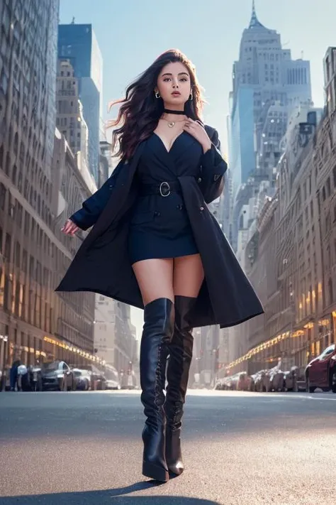 (nsfw),(8K, HDR, highest quality, highly detailed CG unified 8K wallpapers, masterpiece),
(RAW photo, High detail RAW color photo, professional photo),(physics-based rendering),

indian girl, focus on face,camera close-up,
(Trench coat in navy blue woolen fabric:1.3),(hand fully in pocket:1.5),
(Black|Claret hair, wavy hair:1.331),
(Black|Claret high heels knee boots:1.25),
from front, looking at viewer, smiling, open mouth, cute, blush, delicate earrings, necklace, eyeshadow,  realistic body, large breast, narrow waist, long legs, cameltoe,

{finely detailed beautiful eyes and detailed face,detailed facial features,perfect female figure},
(Cityscape of fifth Avenue in New York:1.33), finely detailed background,beautiful detailed sky,bright sunlight,(strong sunlight:1.21),
cinematic lighting, vibrant color,soft lighting,best shadow,shadow casting,