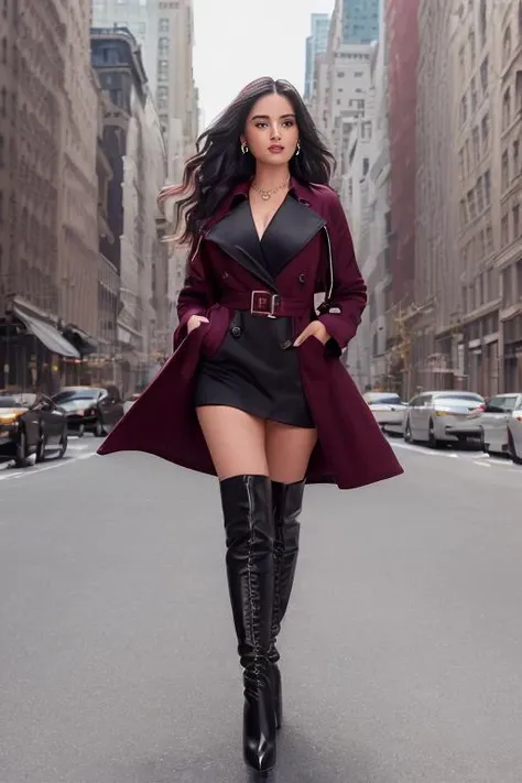 (nsfw),(8K, HDR, highest quality, highly detailed CG unified 8K wallpapers, masterpiece),
(RAW photo, High detail RAW color photo, professional photo),(physics-based rendering),
indian girl, focus on face,camera close-up,
(Trench coat in Black|Claret woolen fabric:1.3),(hand fully in pocket:1.5),
(Black|Claret hair, wavy hair:1.331),
(Black|Claret high heels knee boots:1.25),
from front, looking at viewer, smiling, open mouth, cute, blush, delicate earrings, necklace, eyeshadow, realistic body, large breast, narrow waist, long legs, cameltoe,
{finely detailed beautiful eyes and detailed face, detailed facial features, detailed hand and finger features, perfect female figure},
(Cityscape of fifth Avenue in New York:1.33), finely detailed background,beautiful detailed sky,bright sunlight,(strong sunlight:1.21),
cinematic lighting, vibrant color,soft lighting,best shadow,shadow casting,