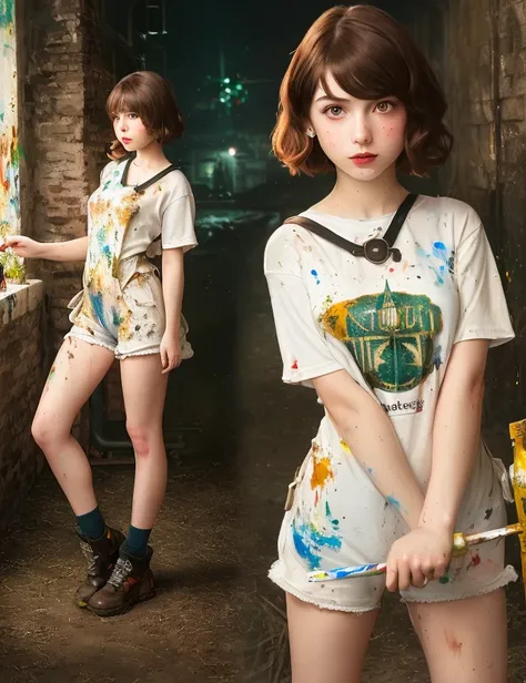 (Painting:1.3) of (Ultrarealistic:1.3),(Sad:1.3) (Painting:1.3) of (Ultra detailed:1.3),(Sad:1.3) modelshoot style, ((little girl 13 year old)), pale skin, beautiful face, clear skin, symmetrical face, slim figure, athletic build, small breasts, slender long legs, thin elegant hands, correct body proportions, perfect figure, perfect face, lots of details, detailed drawing, illustration, computer graphics, realism, average between drawing and realism, high quality, hd, 4k, blender, unreal 5, (in the style of bioshock games:1.3), ((white T-shirt)), clothes in mud, mechanic girl, clothes in engine oil, wrench in hand, (((against the background of a steampunk ghetto))), shoulder-length red hair, curly hair, (brown short shorts with suspenders), ((full body)), ((in full height)), dirty clothes, dirty face, dirty hands, green eyes, red eyebrows, freckles, a slight smile, wlop, Greg Rutkowski, dark and gloomy atmosphere, red bow on the head, blue tones, yellow tones, ((darkness, night, darkness, little light, dark atmosphere)), waving at the camera,(by Artist Adolph Von Menzel:1.3),(by Artist Adolph Von Menzel:1.5),(Action Painting:1.5)
