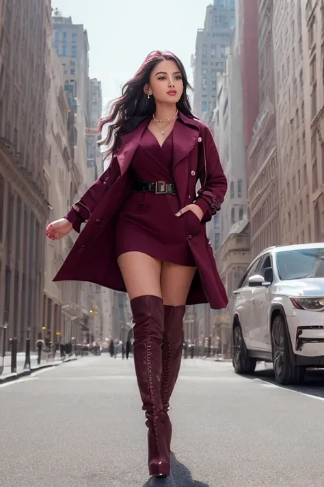 (nsfw),(8K, HDR, highest quality, highly detailed CG unified 8K wallpapers, masterpiece),
(RAW photo, High detail RAW color photo, professional photo),(physics-based rendering),
indian girl, focus on face,camera close-up,
(Trench coat in Claret woolen fabric:1.3),(hand fully in pocket:1.5),
(Black|Claret hair, short hair, wavy hair:1.331),
(Claret high heels knee boots:1.25),
from front, looking at viewer, smiling, open mouth, cute, blush, delicate earrings, necklace, eyeshadow, realistic body, large breast, narrow waist, long legs, cameltoe,
{finely detailed beautiful eyes and detailed face, detailed facial features, detailed hand and finger features, perfect female figure},
(Cityscape of fifth Avenue in New York:1.33), finely detailed background,beautiful detailed sky,bright sunlight,(strong sunlight:1.21),
cinematic lighting, vibrant color,soft lighting,best shadow,shadow casting,