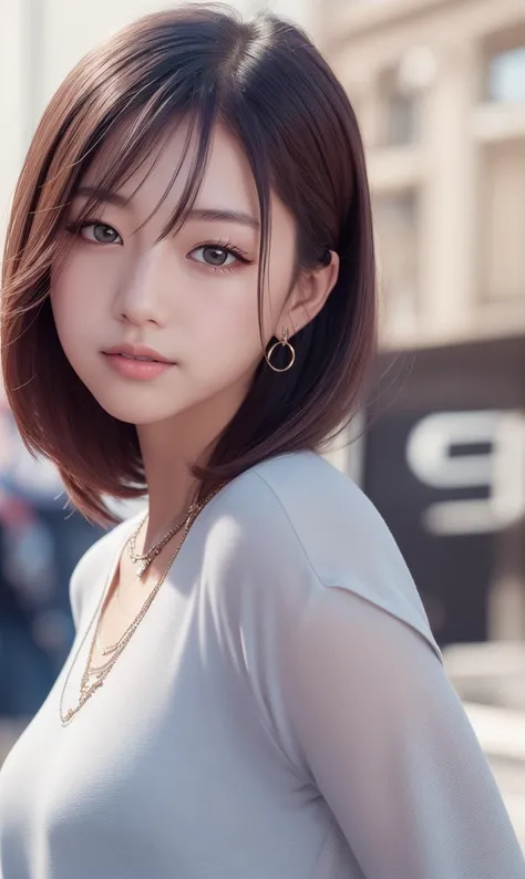 photo realistic,ultra hires,1 young beautiful korean girl, distant gaze, OOTD,hiphop style clothes,(round young face),full accesories,necklace,big clear kindly eyes,long eyelashes,slim waist,light makup,neat teeth, slightly smiling. colored hair,  upper body, (low angle)  [<lora:koreanDollLikeness_v10:0.1>]