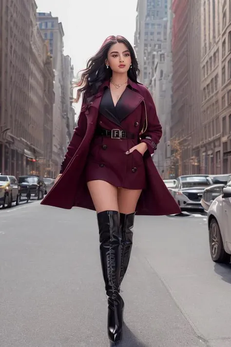 (nsfw),(8K, HDR, highest quality, highly detailed CG unified 8K wallpapers, masterpiece),
(RAW photo, High detail RAW color photo, professional photo),(physics-based rendering),
indian girl, focus on face,camera close-up,
(Trench coat in Claret woolen fabric:1.3),(hand fully in pocket:1.5),
(Black|Claret hair, short hair, wavy hair:1.331),
(Black|Claret high heels knee boots:1.25),
from front, looking at viewer, smiling, open mouth, cute, blush, delicate earrings, necklace, eyeshadow, realistic body, large breast, narrow waist, long legs, cameltoe,
{finely detailed beautiful eyes and detailed face, detailed facial features, detailed hand and finger features, perfect female figure},
(Cityscape of fifth Avenue in New York:1.33), finely detailed background,beautiful detailed sky,bright sunlight,(strong sunlight:1.21),
cinematic lighting, vibrant color,soft lighting,best shadow,shadow casting,
