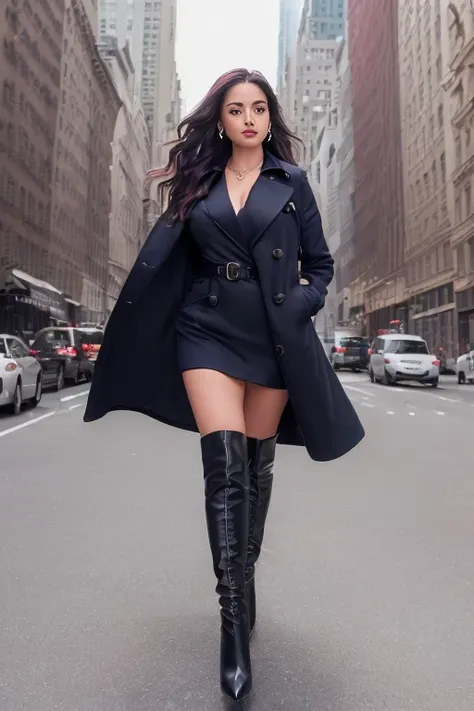 (nsfw),(8K, HDR, highest quality, highly detailed CG unified 8K wallpapers, masterpiece),
(RAW photo, High detail RAW color photo, professional photo),(physics-based rendering),
indian girl, focus on face,camera close-up,
(Trench coat in navy blue woolen fabric:1.3),(hand fully in pocket:1.5),
(Black|Claret hair, wavy hair:1.331),
(Black|Claret high heels knee boots:1.25),
from front, looking at viewer, smiling, open mouth, cute, blush, delicate earrings, necklace, eyeshadow, realistic body, large breast, narrow waist, long legs, cameltoe,
{finely detailed beautiful eyes and detailed face, detailed facial features, detailed hand and finger features, perfect female figure},
(Cityscape of fifth Avenue in New York:1.33), finely detailed background,beautiful detailed sky,bright sunlight,(strong sunlight:1.21),
cinematic lighting, vibrant color,soft lighting,best shadow,shadow casting,