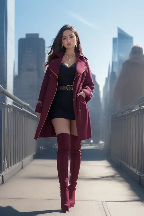 (nsfw),(8K, HDR, highest quality, highly detailed CG unified 8K wallpapers, masterpiece),
(RAW photo, High detail RAW color photo, professional photo),(physics-based rendering),
indian girl, focus on face,camera close-up,
(Trench coat in Claret woolen fabric:1.3),(hand fully in pocket:1.5),
(Black|Claret hair, short hair, wavy hair:1.331),
(Claret high heels knee boots:1.25),
from front, looking at viewer, smiling, open mouth, cute, blush, delicate earrings, necklace, eyeshadow, realistic body, large breast, narrow waist, long legs, cameltoe,
{finely detailed beautiful eyes and detailed face, detailed facial features, detailed hand and finger features, perfect female figure},
(Cityscape of New York:1.33), finely detailed background,beautiful detailed sky,bright sunlight,(strong sunlight:1.21),
cinematic lighting, vibrant color,soft lighting,best shadow,shadow casting,