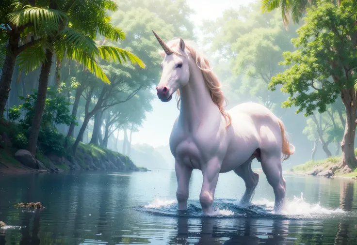 a unicorn, noble, holy, white unicorn, white horse, belly with wings, horns on forehead, during the daytime when the sun is abundant, swimming in a brook, the water surface sparkles, blue sky, white clouds and coconut trees, the water is very clear, beautiful detailed eyes, extremely detailed eyes and face, light on face, lovely, best quality, masterpiece, illustration, an extremely delicate and beautiful, extremely detailed ,CG ,unity ,8k wallpaper, Amazing, finely detail, masterpiece, best quality art, official , extremely detailed CG unity 8k wallpaper, ultra-detailed, highres, extremely detailed, (best quality), (realistic, photo-realistic:1.2), 8k, soft lighting, high quality, official art, extremely detailed CG unity 8k wallpaper, cinematic lighting, huge wings.
