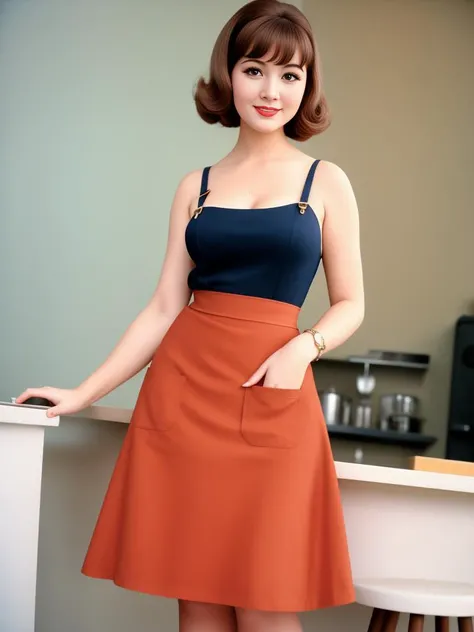 60s American pinup, art style, kodak portra 400, cinematic,

a waitress only wear an apron , solo,  (smiling:0.6), Extra Short Pettiskirt, suspenders, cleavage, European, random color hair,