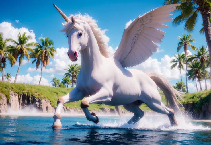 a unicorn, noble, holy, white unicorn, white horse, belly with wings, horns on forehead, during the daytime when the sun is abundant, swimming in a brook, the water surface sparkles, blue sky, white clouds and coconut trees, the water is very clear, beautiful detailed eyes, extremely detailed eyes and face, light on face, lovely, best quality, masterpiece, illustration, an extremely delicate and beautiful, extremely detailed ,CG ,unity ,8k wallpaper, Amazing, finely detail, masterpiece, best quality art, official , extremely detailed CG unity 8k wallpaper, ultra-detailed, highres, extremely detailed, (best quality), (realistic, photo-realistic:1.2), 8k, soft lighting, high quality, official art, extremely detailed CG unity 8k wallpaper, cinematic lighting, (huge wings).
