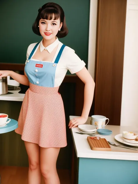 60s American pinup, art style, kodak portra 400, cinematic,
a waitress only wear an apron , solo, (smiling:0.6), Extra Short Pettiskirt, suspenders, cleavage,