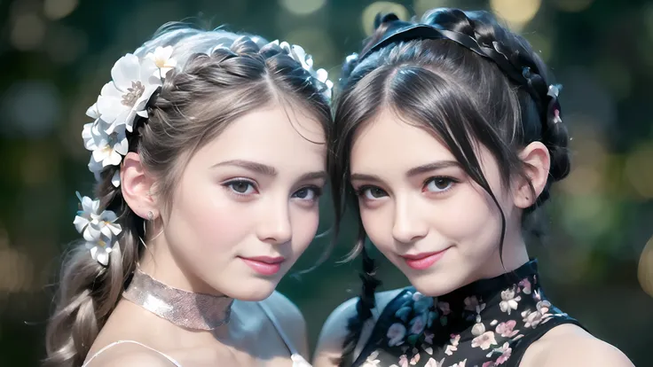 (2girls:1.6), (kissing):1.6, detailed background filled with (many:1.6) (colorful:1.6) (flowers):1.6, (quality:1.6), (photorealistic:1.6), (resolution:1.6), (sharpness:1.6), (cinematic lighting), depth of field, landscape composition

AND, upper body, (kissing):1.6, 18-year-old (beautiful:1.6) (Hungarian:1.6) (2girls:1.6), who wears a (white:1.6) crop top with a (silver:1.6) choker, who wears a (white (floral:1.6) headband):1.6, who has (braided:1.4) (silver:1.6) (long:1.4) hair, who (smiles:1.6), who resembles (Emma Watson):1.6, (quality:1.6), (photorealistic:1.6), (resolution:1.6), (sharpness:1.6)

AND, upper body, (kissing):1.6, 18-year-old (beautiful:1.6) (Hungarian:1.6) (2girls:1.6), who wears a (black:1.4) crop top with a (black:1.6) choker, who wears a (black (floral:1.6) headband):1.6, who has (black:1.6) (long:1.6) (ponytail:1.6) tied with (black:1.6) lace ribbons, who (smiles:1.6), who resembles (Emma Watson):1.6, (quality:1.6), (photorealistic:1.6), (resolution:1.6), (sharpness:1.6)

<lora:japaneseDollLikeness_v10:0.3>