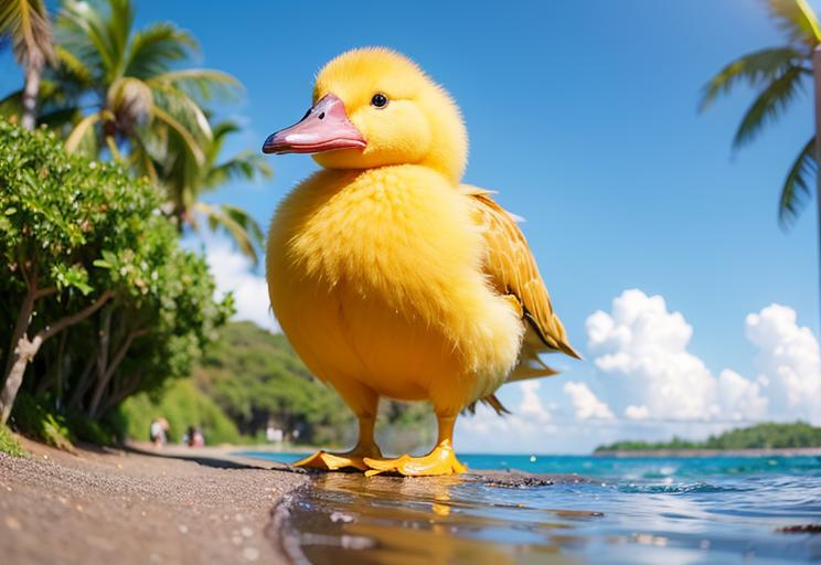 There is a yellow duck standing on the beach near the water - SeaArt AI