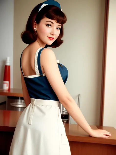 60s American pinup, art style, kodak portra 400, cinematic,
a waitress only wear an apron , solo, (smiling:0.6), Extra Short Pettiskirt, suspenders, cleavage, European,
