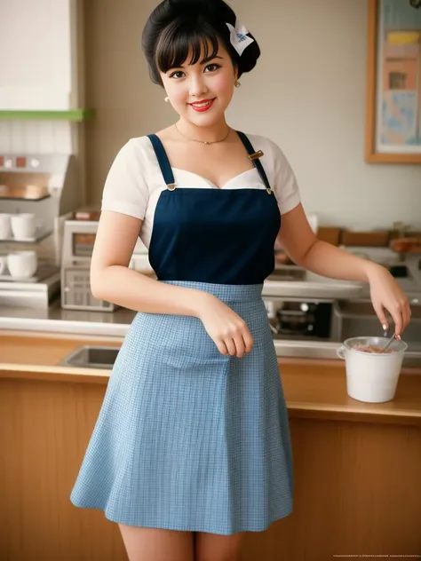 60s American pinup, art style, kodak portra 400, cinematic,
a waitress only wear an apron , solo, (smiling:0.6), Extra Short Pettiskirt, suspenders, cleavage, European, random color hair,