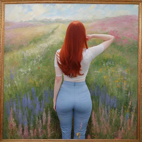 taken from behind, highly-detailed, closeup of the butt, standing straight up pose, dynamic pose, teacher uniform, nice ass uses, ginger hair,in a dreamlike setting, in tall long wildflower field, painted in impressionist style, brushstroke painting technique, palette knife painting,