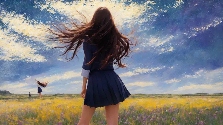 taken from behind,a girl on the left, solo, highly-detailed, standing straight up pose, dynamic pose, teacher uniform, random color hair ,wind blowing hair flying, in a dreamlike setting, in tall long wildflower field, painted in impressionist style, brushstroke painting technique, palette knife painting,