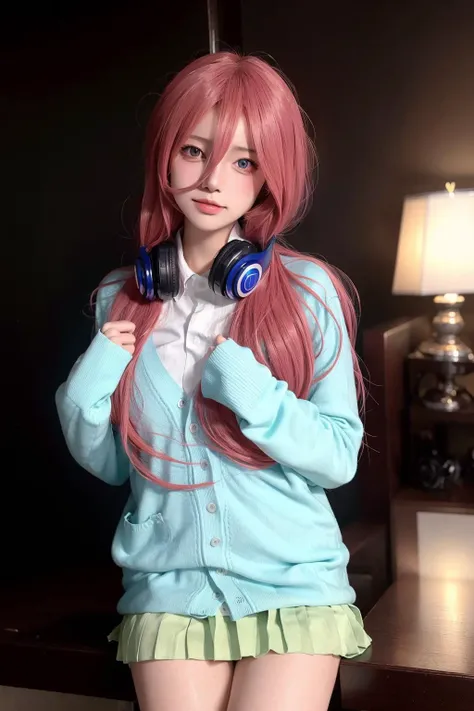 <lora:Miku:0.75>,ulzzang-6500-v1.1,(raw photo:1.2),((photorealistic:1.4))best quality ,masterpiece, illustration, an extremely delicate and beautiful, extremely detailed ,CG ,unity ,8k wallpaper, Amazing, finely detail, masterpiece,best quality,official art,extremely detailed CG unity 8k wallpaper,absurdres, incredibly absurdres, huge filesize, ultra-detailed, highres, extremely detailed,beautiful detailed girl, extremely detailed eyes and face, beautiful detailed eyes,light on face,cinematic lighting,1girl,see-through,looking at viewer,outdoors, black_legwear, cardigan, pleated_skirt, (headphones_around_neck),nakano_miku,(headphones_around_hair),standing