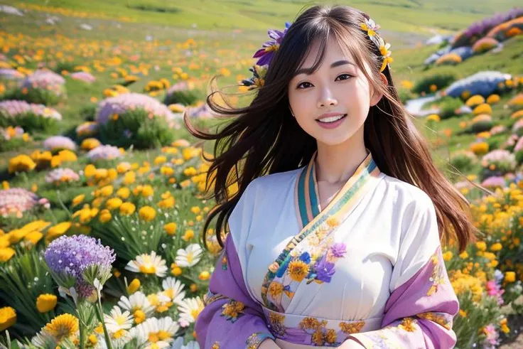 best quality, ultra high res, (realistic, photorealistic:1.2), a (smiling:1.4) 24-year-old Asian actress wearing elegant (wind blown:1.2) in a valley full with millions of (multi-color wild flowers:1.6), detailed face, (solo: 1.4), (wind blown:1.2) hair, (face lit:1.4) , <lora:hanfu_v28:0.5>,hanfu