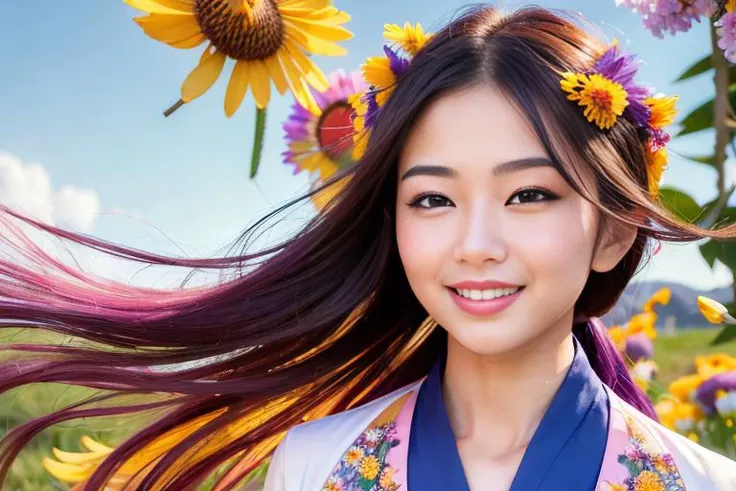 best quality, ultra high res, (realistic, photorealistic:1.2), a (smiling:1.4) 24-year-old Asian actress wearing elegant (wind blown:1.2) in a valley full with millions of (multi-color wild flowers:1.6), detailed face, (solo: 1.4), (wind blown:1.2) hair, (face lit:1.4) , <lora:hanfu_v28:0.5>,hanfu