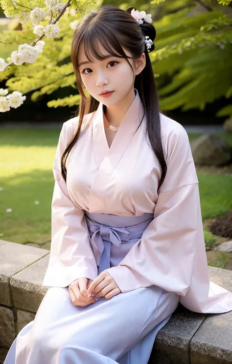 naked shirt,medium breasts,ore no imouto ga konna ni kawaii wake ga nai,(masterpiece:1.2), (realistic, photo-realistic), (1girl), solo, detailed golden eyes, long hair, sitting, close to viewer, <lora:hanfu_v28:0.5>, (Hanfu, ming, ming Dynasty, ming clothing: 1.4), light smile, (arms behind back), water, sunny, (Sakura bloom), snow mountain lake in the background, <lora:Korean Doll Likeness:0.5>