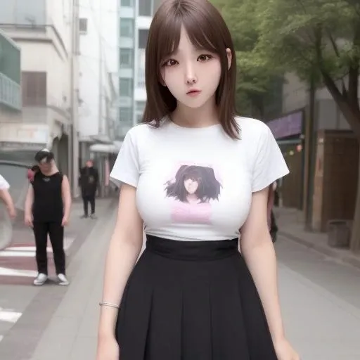 1girl, a t-shirt, 30 years old, on a city street, mid-sized boobs, looking toward the camera, skirt, K-pop idol