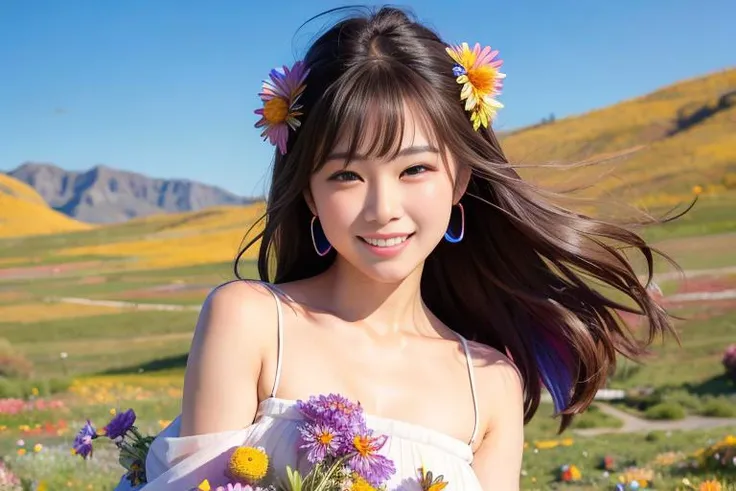 best quality, ultra high res, (realistic, photorealistic:1.2), a (smiling:1.4) 24-year-old Asian actress wearing elegant (wind blown:1.2) in a valley full with millions of (multi-color wild flowers:1.6), detailed face, (solo: 1.4), (wind blown:1.2) hair, (face lit:1.4) , <lora:hanfu_v28:0.5>,hanfu