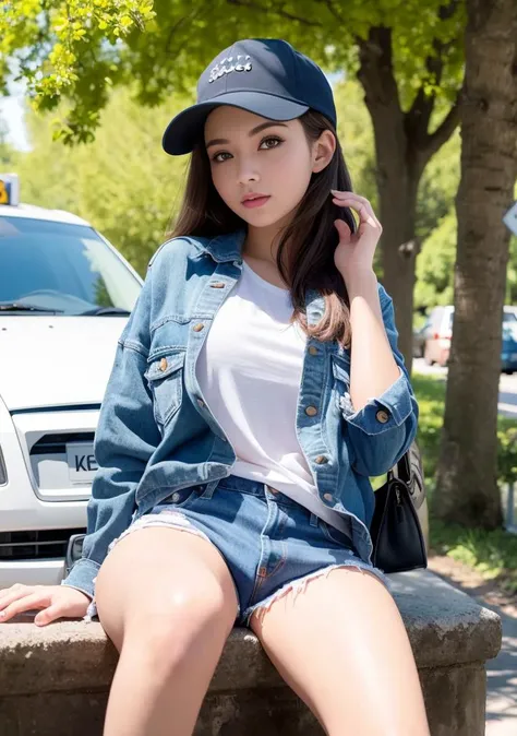best quality ,masterpiece,realistic, 1girl,extremely detailed eyes,extremely detailed face,full body, half body,extremely detailed skin,pale skin ,solo, detailed background,
beckoning, grin,
loungewear, denim shorts, baseball cap,
street,tree shade, tree, car,taxi, bush, bus, bus stop,