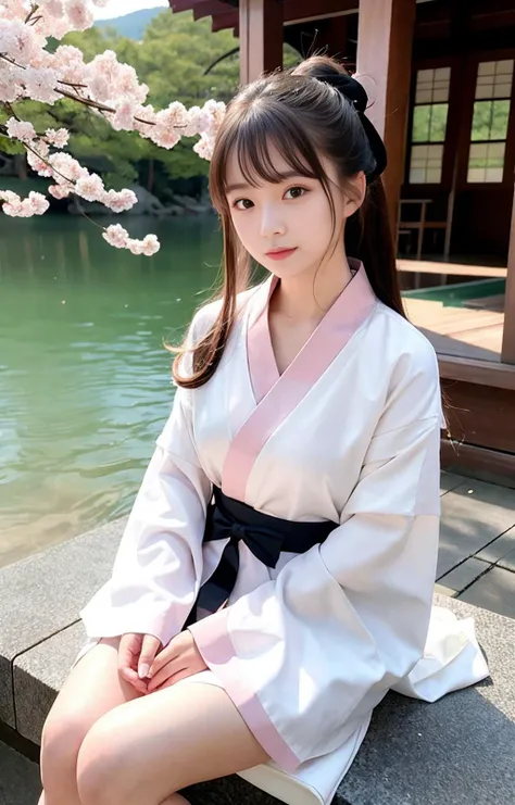 naked shirt,medium breasts,ore no imouto ga konna ni kawaii wake ga nai,(masterpiece:1.2), (realistic, photo-realistic), (1girl), solo, detailed golden eyes, long hair, sitting, close to viewer, <lora:hanfu_v28:0.5>, (Hanfu, ming, ming Dynasty, ming clothing: 1.4),  light smile,  (arms behind back), water, sunny, (Sakura bloom),  snow mountain lake in the background, <lora:Korean Doll Likeness:0.5>
