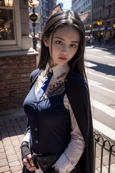 {an extremely delicate and beautiful girl}, cg 8k wallpaper, (8k, RAW photo, highly sensitive, best quality, masterpiece, ultra high res, photorealistic:1.25),masterpiece, cold expression, handsome, (full body shot), ((cloak)), (night), raining, walking, ((city light)), dog ears,detailed lighting, black skirt, black thighhighs, (detailed hair, realistic hair, realistic lighting, realistic shadow, realistic outfit), realistic skin,soft reflection of light from above,medium breastsupper body, looking at viewer, sailor suit,serafuku, messy long hair, big eyes, beautiful detailed eyes {{a black cross hairpin}},Hair glows,garter,Organza lace,