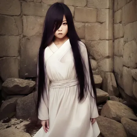 ((masterpiece)),(best quality), absurdres,sadako_yamamura,red eyes, white dress,<lora:Sadakobest:0.9>,