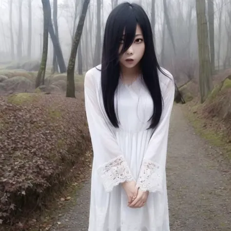 ((masterpiece)),(best quality), absurdres,sadako_yamamura,red eyes, white dress,<lora:Sadakobest:0.9>,