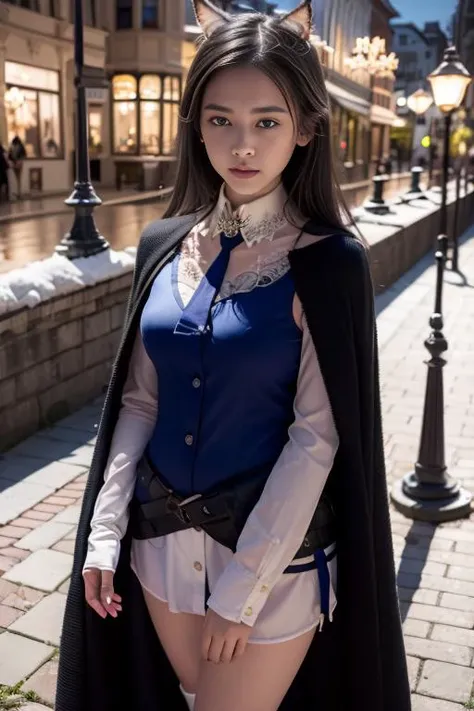 {an extremely delicate and beautiful girl}, cg 8k wallpaper, (8k, RAW photo, highly sensitive, best quality, masterpiece, ultra high res, photorealistic:1.25),masterpiece, cold expression, handsome, {{full body shot, ((cloak)), (night), raining, walking, ((city light)), dog ears,detailed lighting, black skirt, black thighhighs,lace-trimmed,Organza lace}}, (detailed hair, realistic hair, realistic lighting, realistic shadow, realistic outfit), realistic skin,soft reflection of light from above,medium breastsupper body, looking at viewer, sailor suit,messy long hair, big eyes, beautiful detailed eyes {{a black cross hairpin}},Hair glows,