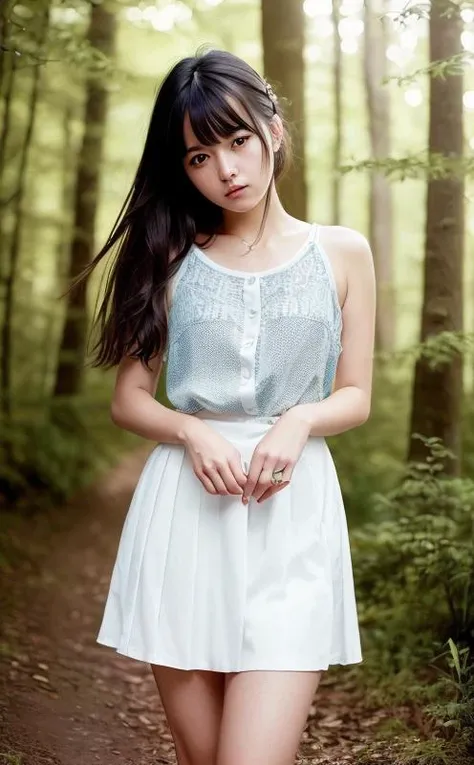 ((beautiful girl)),((A thin ponytail girl standing)),((school dress :1.6))), ((short hair)), ((very fair skin)),(( small chest)), very slim and long legs, and a very narrow waist,
((in a forest with blurred background)),
(((Below the waist shot,haunting smile,moist lips,long hair))),
((irises and pupils are rounded,the pupil reflects the surroundings,eyes are not the same size)),
((Big eyes,perfect eyes,watery eyes)),
((thick bangs)),((Thin legs)),(high detailed skin,visible pores),(22 age girl)



(ultra high res,photorealistic,realistic,best quality,photo-realistic),
(8k, raw photo, best quality, masterpiece),
(photon mapping, radiosity, physically-based rendering,automatic white balance),
technological sense, best quality, masterpiece, illustration,CG ,unity ,wallpaper, official art,
Amazing, finely detail, an extremely delicate and beautiful,extremely detailed,
highly detailed, sharp focus,rich background,blurry background,strong sunlight,
(real person,photograph),