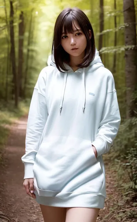((beautiful sexy girl)),((A thin ponytail girl is standing)),((hoodie :1.6))), ((short hair)), ((very fair skin)),(( small chest)), very slim and long legs, and a very narrow waist,
((in a forest with blurred background)),
(((Below the waist shot,haunting smile,moist lips,long hair))),
((irises and pupils are rounded,the pupil reflects the surroundings,eyes are not the same size)),
((Big eyes,perfect eyes,watery eyes)),
((thick bangs)),((Thin legs)),(high detailed skin,visible pores),(a 20 age girl)
(ultra high res,photorealistic,realistic,best quality,photo-realistic),
(8k, raw photo, best quality, masterpiece),
(photon mapping, radiosity, physically-based rendering,automatic white balance),
technological sense, best quality, masterpiece, illustration,CG ,unity ,wallpaper, official art,
Amazing, finely detail, an extremely delicate and beautiful,extremely detailed,
highly detailed, sharp focus,rich background,blurry background,strong sunlight,
(real person,photograph),