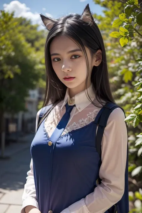 {an extremely delicate and beautiful girl}, cg 8k wallpaper, masterpiece, cold expression, handsome, medium breastsupper body, looking at viewer, school uniform, sailor suit,serafuku, messy long hair, big eyes, beautiful detailed eyes {{a black cross hairpin}}, handsome,Hair glows,dramatic angle,, (8k, RAW photo, highly sensitive, best quality, masterpiece, ultra high res, photorealistic:1.25), upper body, dog ears, night, raining, walking, city light,