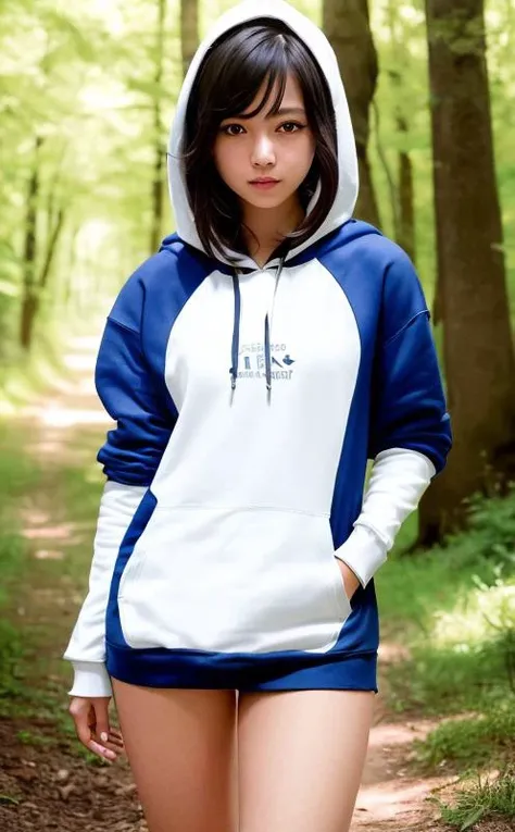 ((beautiful sexy girl)),((A thin ponytail girl is standing)),((hoodie :1.6))), ((short hair)), ((very fair skin)),(( small chest)), very slim and long legs, and a very narrow waist,
((in a forest with blurred background)),
(((Below the waist shot,haunting smile,moist lips,long hair))),
((irises and pupils are rounded,the pupil reflects the surroundings,eyes are not the same size)),
((Big eyes,perfect eyes,watery eyes)),
((thick bangs)),((Thin legs)),(high detailed skin,visible pores),(a 20 age girl)
(ultra high res,photorealistic,realistic,best quality,photo-realistic),
(8k, raw photo, best quality, masterpiece),
(photon mapping, radiosity, physically-based rendering,automatic white balance),
technological sense, best quality, masterpiece, illustration,CG ,unity ,wallpaper, official art,
Amazing, finely detail, an extremely delicate and beautiful,extremely detailed,
highly detailed, sharp focus,rich background,blurry background,strong sunlight,
(real person,photograph),