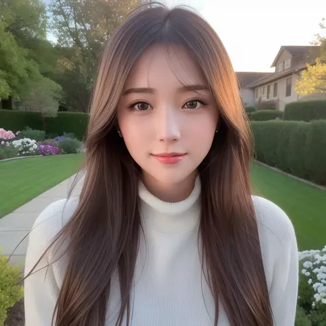 masterpiece, DSLR photo, analog style, nikon d5, real photo, a photo of a beautiful 20 year old woman, dramatic lighting (85mm), with Blooming garden in the background,(detailed facial features), (detailed shiny eyes), dynamic angle, Michelangelo style, long hair,turtleneck sweater,smiling face:1.4,<lora:taiwanDollLikeness_v10:0.2>, <lora:koreanDollLikeness_v10:0.2>, <lora:japaneseDollLikeness_v10:0.2>, <lora:breastinclassBetter_v13:0.3>