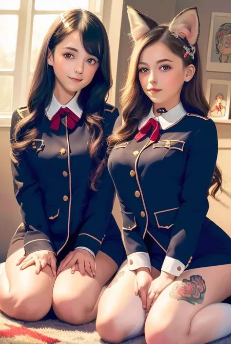 masterpiece, best quality,
(illustrator \(medium\):1.61051), (uniform:1.4641), (2girls:1.21), blush, (wariza:1.21), detached collar, [braid:twintails:0.6], fox ears, tattoo, game cg, indoors