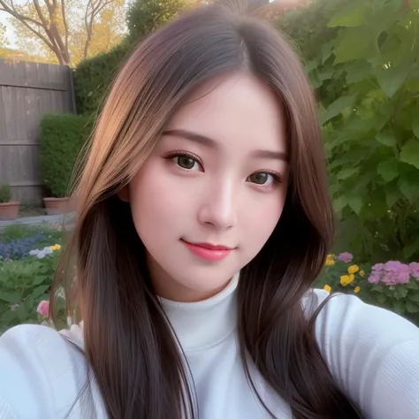 masterpiece, DSLR photo, analog style, nikon d5, real photo, a photo of a beautiful 20 year old woman, dramatic lighting (85mm), with Blooming garden in the background,(detailed facial features), (detailed shiny eyes), dynamic angle, Michelangelo style, long hair,turtleneck sweater,smiling face:1.4,<lora:taiwanDollLikeness_v10:0.2>, <lora:koreanDollLikeness_v10:0.2>, <lora:japaneseDollLikeness_v10:0.2>, <lora:breastinclassBetter_v13:0.3>