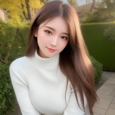 masterpiece, DSLR photo, analog style, nikon d5, real photo, a photo of a beautiful 20 year old woman, dramatic lighting (85mm), with Blooming garden in the background,(detailed facial features), (detailed shiny eyes), dynamic angle, Michelangelo style, long hair,turtleneck sweater,smiling face:1.4,<lora:taiwanDollLikeness_v10:0.2>, <lora:koreanDollLikeness_v10:0.2>, <lora:japaneseDollLikeness_v10:0.2>, <lora:breastinclassBetter_v13:0.3>