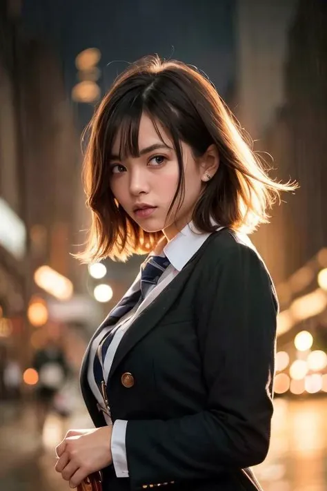 {an extremely delicate and beautiful girl}, cg 8k wallpaper, masterpiece, cold expression, handsome, medium breastsupper body, looking at viewer, school uniform, sailor suit,serafuku, messy long hair, big eyes, beautiful detailed eyes {{a black cross hairpin}}, handsome,Hair glows,dramatic angle,, (8k, RAW photo, highly sensitive, best quality, masterpiece, ultra high res, photorealistic:1.25), upper body, night, raining, walking, city light, short hair