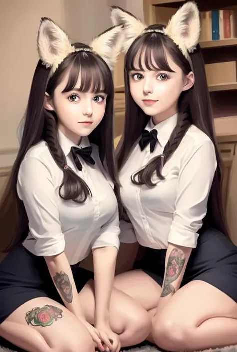 masterpiece, best quality,
(illustrator \(medium\):1.61051), (uniform:1.4641), (2girls:1.21), blush, (wariza:1.21), detached collar, [braid:twintails:0.6], fox ears, tattoo, game cg, indoors
