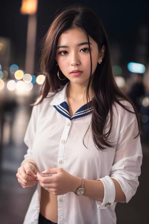 {an extremely delicate and beautiful girl}, cg 8k wallpaper, masterpiece, cold expression, handsome, medium breastsupper body, looking at viewer, school uniform, sailor suit,serafuku, messy long hair, big eyes, beautiful detailed eyes {{a black cross hairpin}}, handsome,Hair glows,dramatic angle,, (8k, RAW photo, highly sensitive, best quality, masterpiece, ultra high res, photorealistic:1.25), upper body, night, raining, walking, city light, short hair, 85mm lens, aesthetic