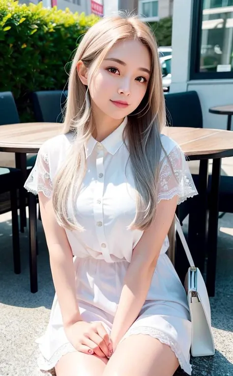 (8k, best quality, masterpiece:1.2), (realistic, photo-realistic:1.37), ultra-detailed, 1 girl,cute, solo,beautiful detailed sky,detailed cafe,night,sitting,dating,(nose blush), sitting before a table, table with afternoon tea, (smile:1.15),(closed mouth) medium breasts,beautiful detailed eyes,(collared shirt:1.1), daytime, sunshine,business attire, rain,white lace, (long hair:1.4),silver hair NovaFrogStyle, uniform, white skin,cinematic light,sunshine,street light, (av actress: 4), full body image,<lora:koreanDollLikeness_v15:0.33>, (tea table:1),(hand bag:1)