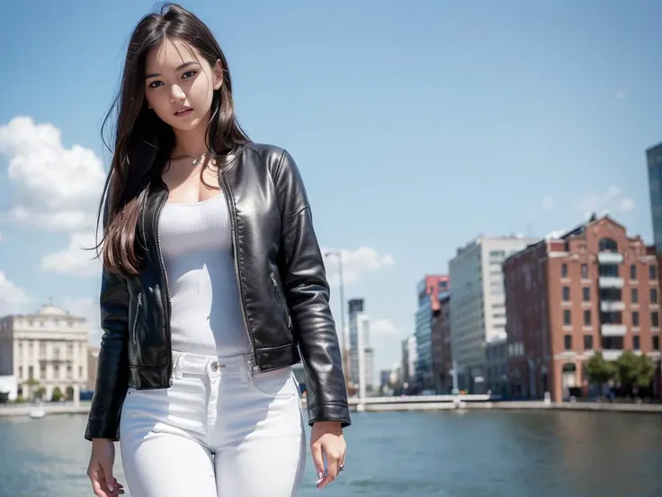 (8k, best quality, masterpiece:1.2),
(realistic, photo-realistic:1.37),
ultra-detailed,
((1 girl)), (full body), Standing in a city ,wearing jacket and white shirts and skinny jeans,(in a 22 age)
cute,solo,
beautiful detailed sky,
(smile:1.15),(closed mouth),
small breasts,
beautiful detailed eyes,
(long hair:1.2),
floating hair ,