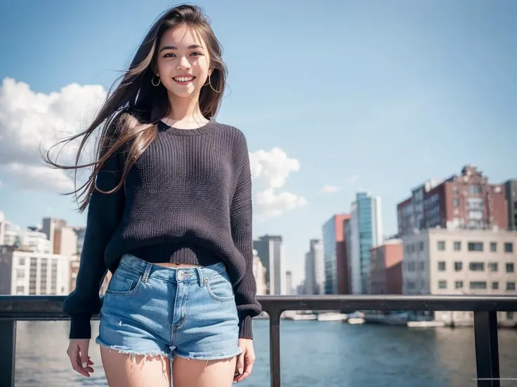 (8k, best quality, masterpiece:1.2),
(realistic, photo-realistic:1.37),
ultra-detailed,

((1 girl)), (full body), Standing in a city  ,wearing  sweater ,denim shorts
cute,solo,
beautiful detailed sky,
(smile:1.15),(closed mouth),
small breasts,
beautiful detailed eyes,
(long hair:1.2),
floating hair ,