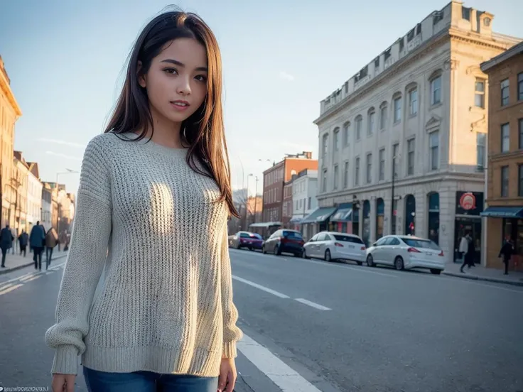 (8k, best quality, masterpiece:1.2),
(realistic, photo-realistic:1.37),
ultra-detailed,
((1 girl)), (full body), Standing in a city ,wearing sweater and skinny jeans,
cute,solo,
beautiful detailed sky,
(smile:1.15),(closed mouth),
small breasts,
beautiful detailed eyes,
(long hair:1.2),
floating hair ,